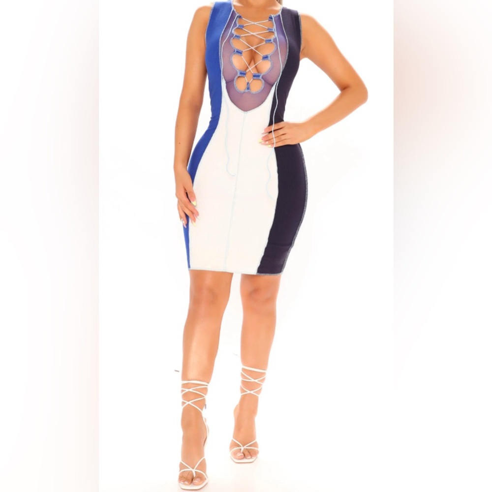Renee Lace Up Mini Dress - Royal/combo